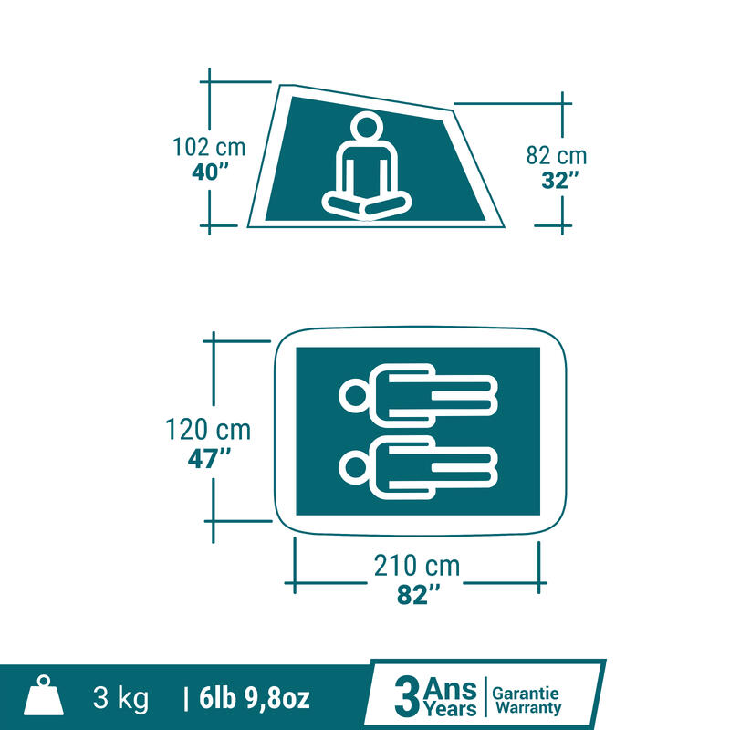 Tente de camping 2 places, 2 SECONDS bleu
