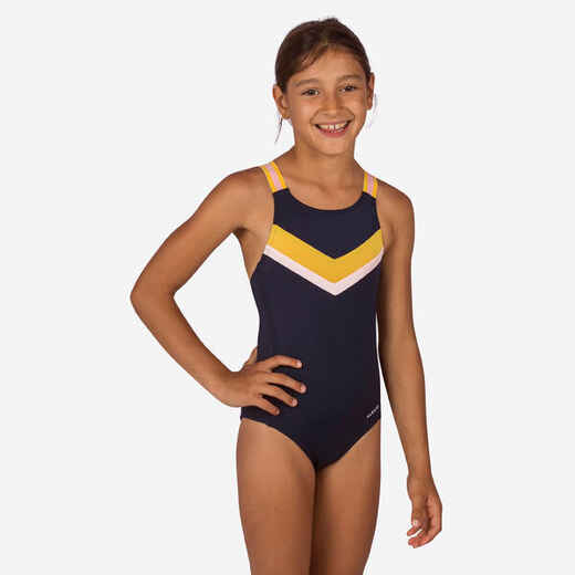Girl's Vega + Swimming one-piece swimsuit navy herringbone