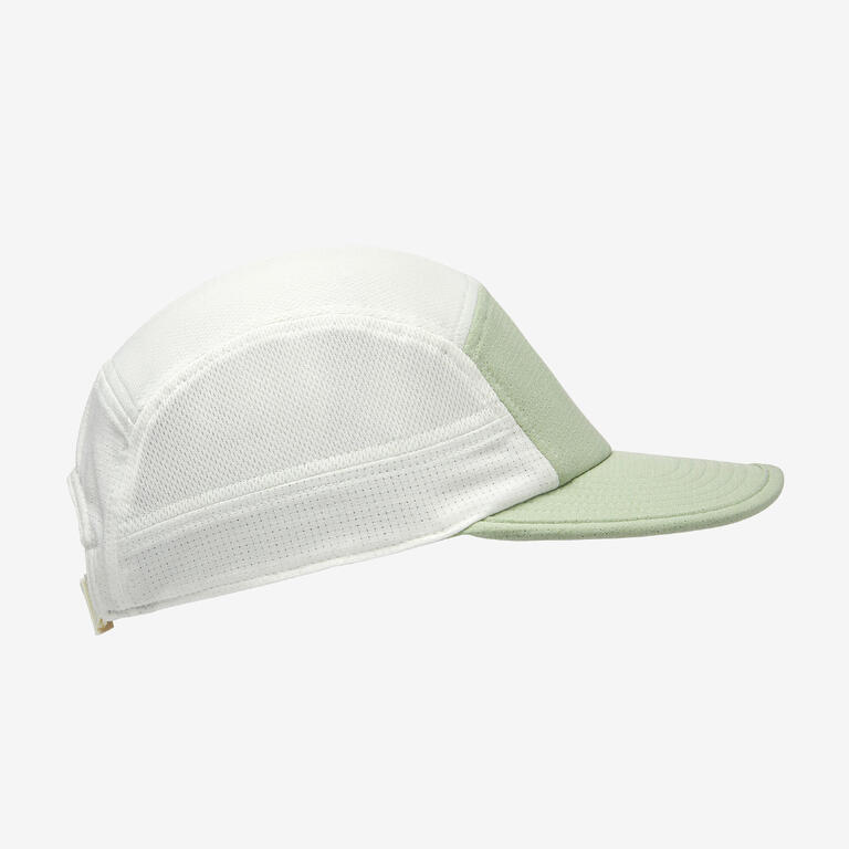 Green and white five-panel running cap