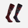 Čarape za jahanje 500 za odrasle tamnocrveno-crne s printomPakiranje od 2 para