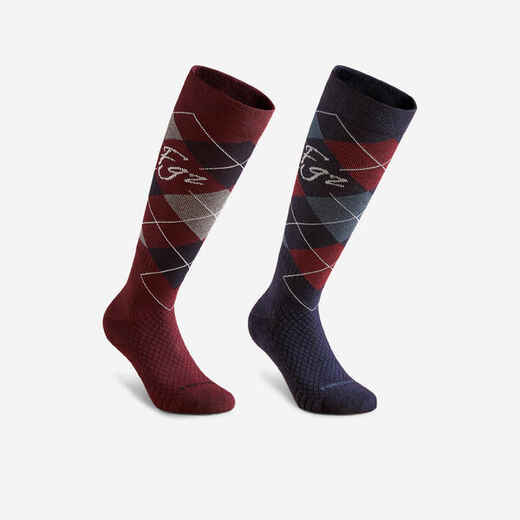 
      Čarape za jahanje 500 za odrasle tamnocrveno-crne s printomPakiranje od 2 para
  