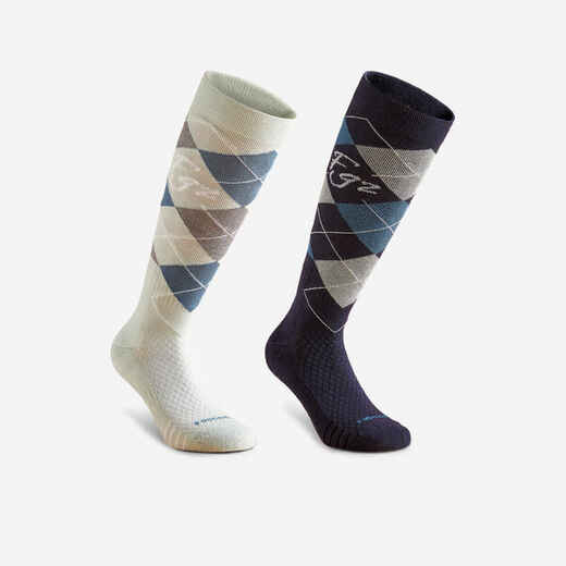 
      Adult Horse Riding Socks 500 - Blue/Black/Green GraphPack of 2
  