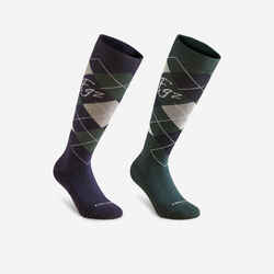 Adult Horse Riding Socks 500 - Blue/Black/Larch Green GraphPack of 2