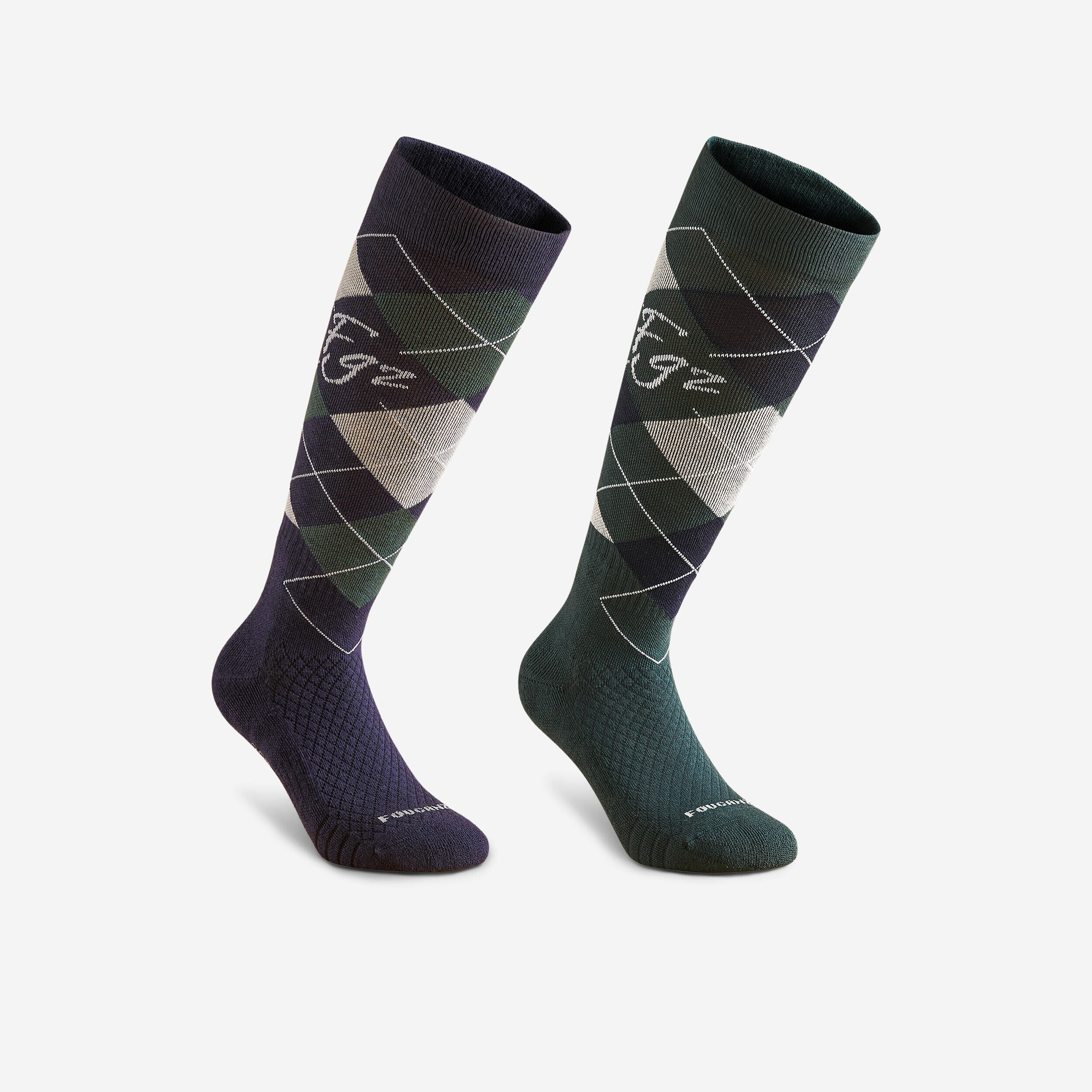 FOUGANZA Adult Horse Riding Socks 500 - Blue/Black/Larch Green GraphPack of 2