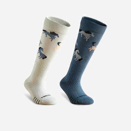 Calcetines Equitación SKS 500 Niños Cerceta Verde Estampado