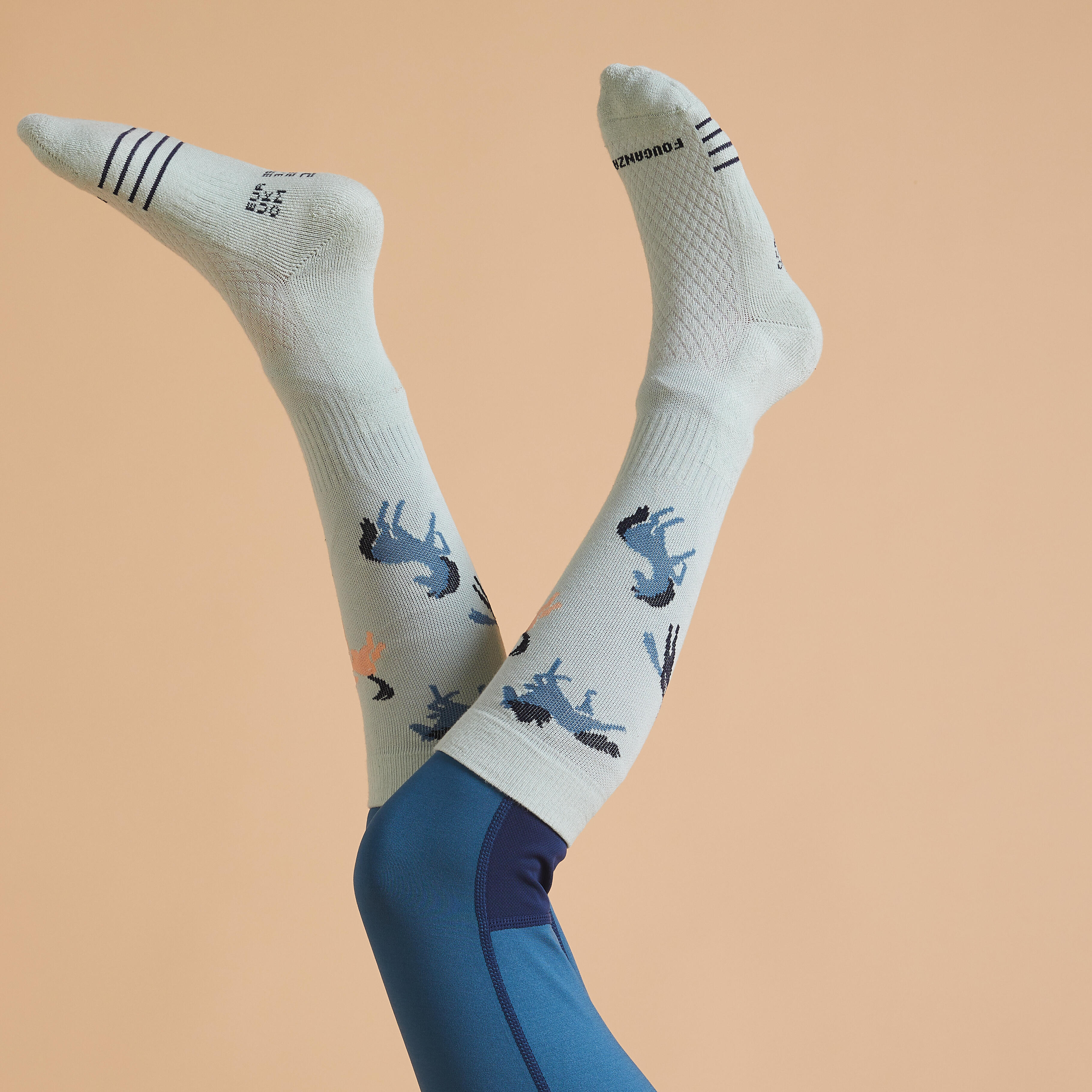 "Kids' Horse Riding Socks - SKS 500 Blue/Green PatternedPack of 2"