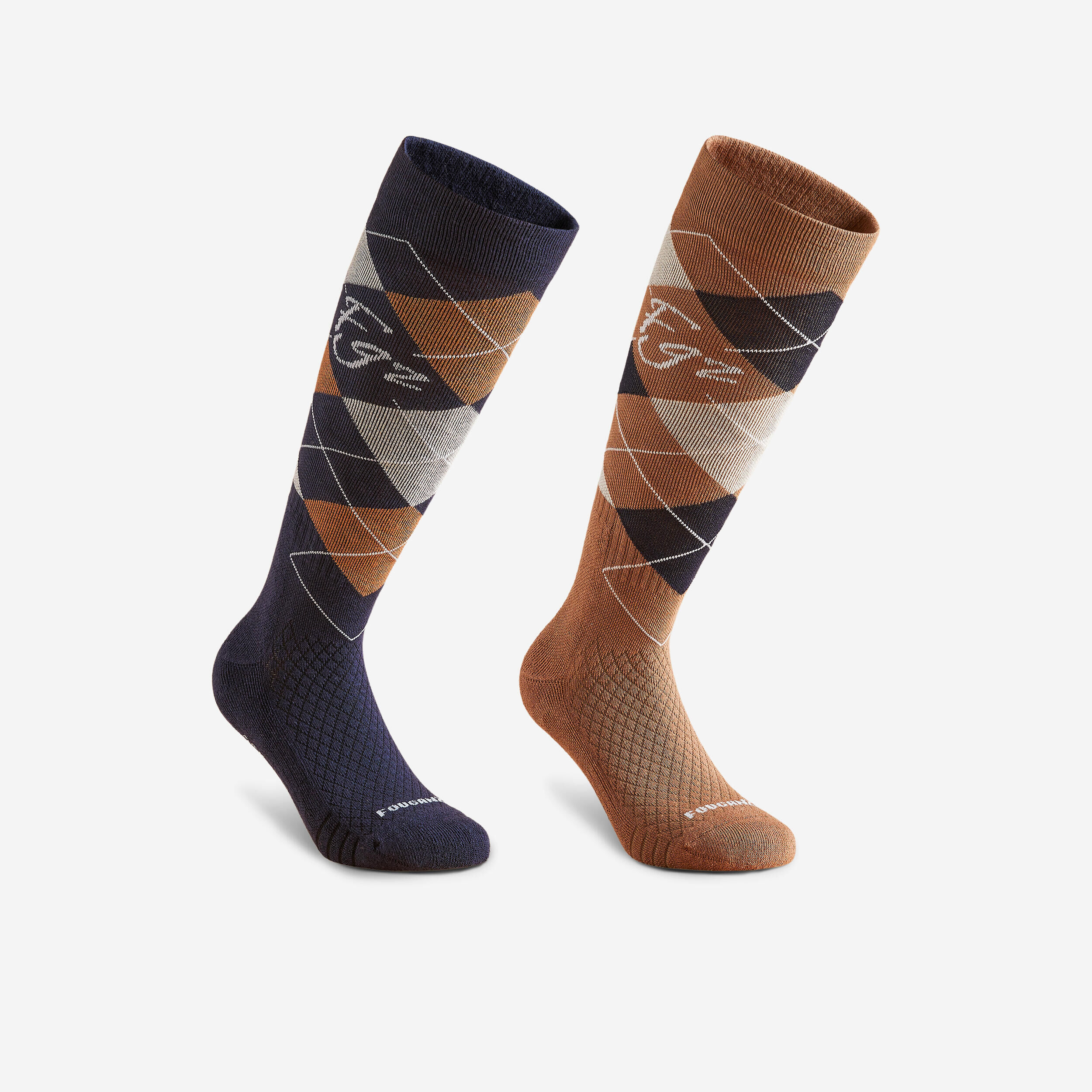 FOUGANZA Adult Horse Riding Socks 500 - Blue/Black/Brown GraphPack of 2