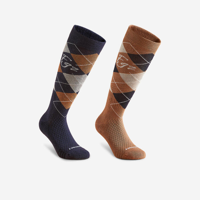 Adult Horse Riding Socks 500 Blue/Brown Graph