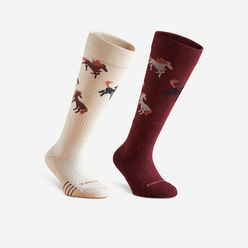 Chaussettes d'équitation enfant SKS 500 motifs Bourgogne Lin. Lot de 2