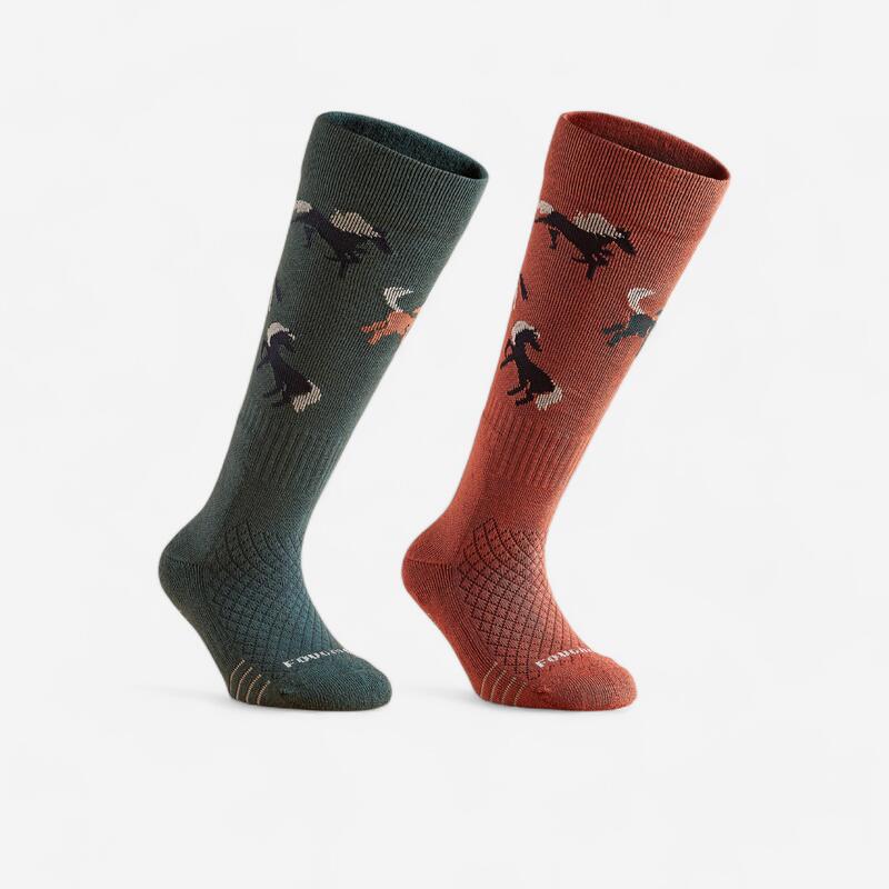 Calcetines Equitación SKS 500 Niños Sepia Verde Estampado