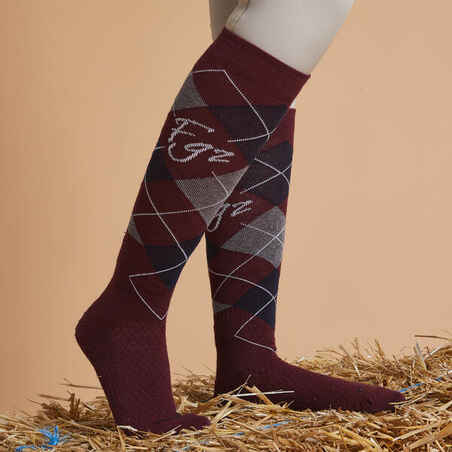 Adult Horse Riding Socks 500 - Burgundy/Black Graph