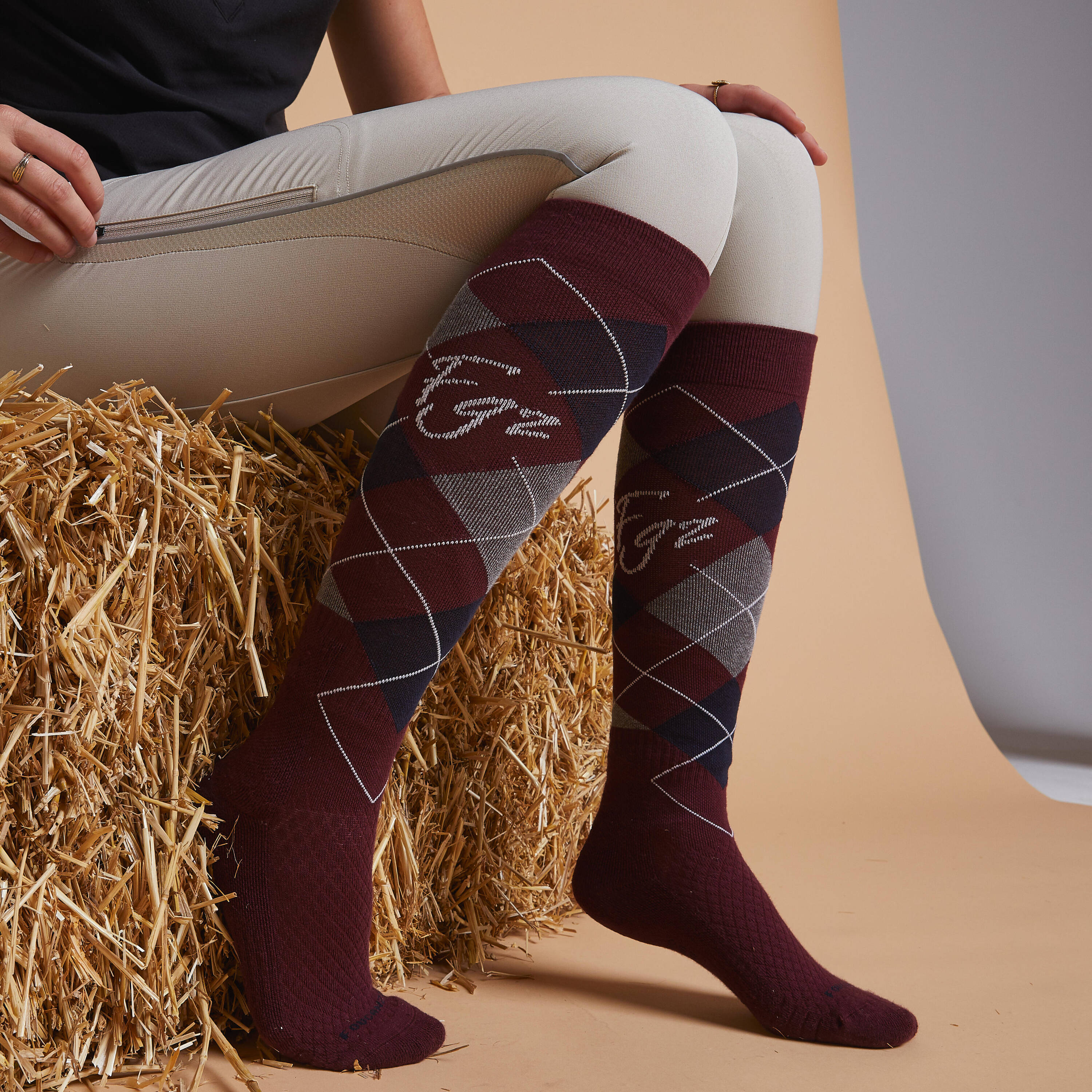 Adult Horse Riding Socks 500 Twin-Pack - Burgundy / Black Diamonds -  2