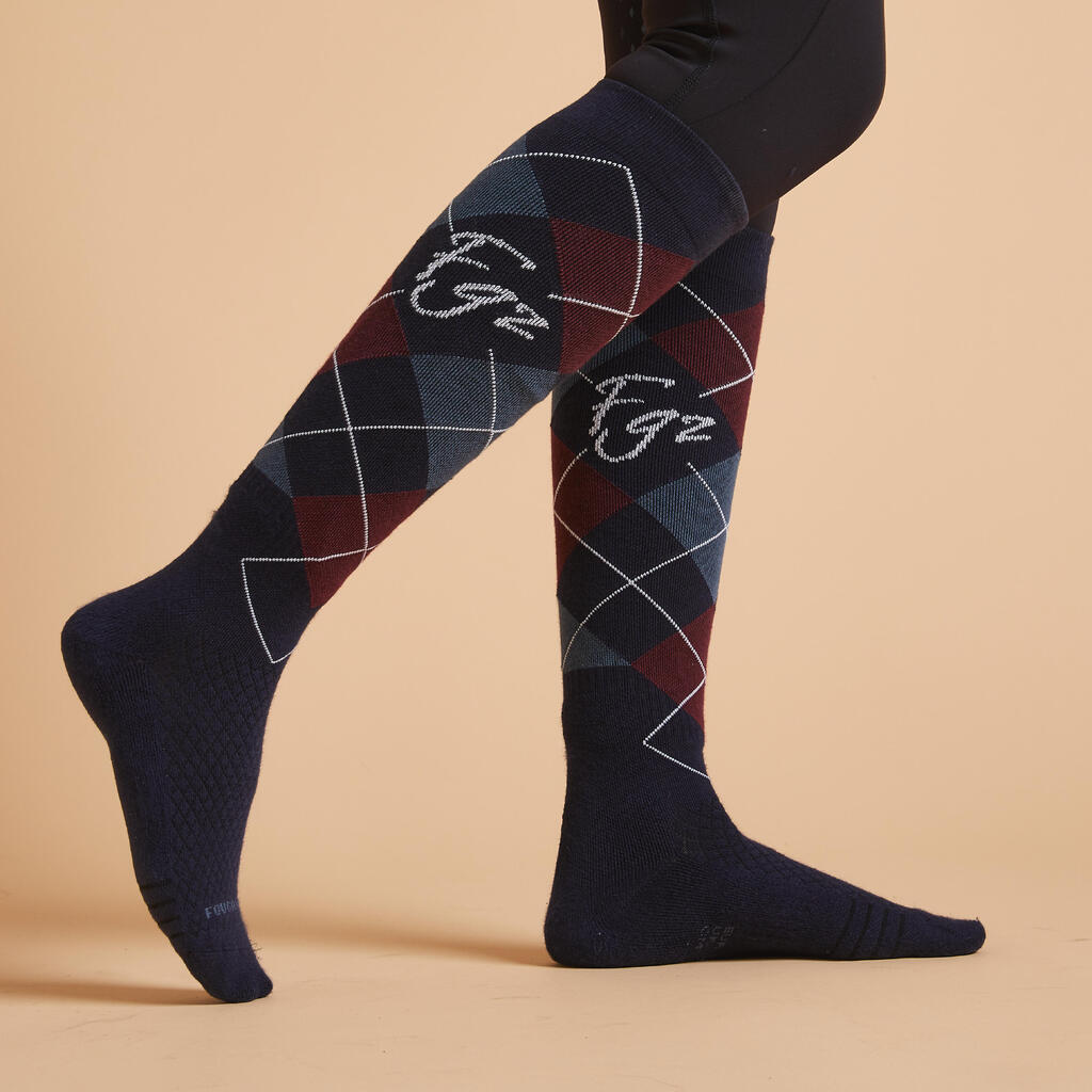 Saugusiųjų jojimo kojinės „500“, levandų / mėlynos spalvos, raštuotos, 2 poros