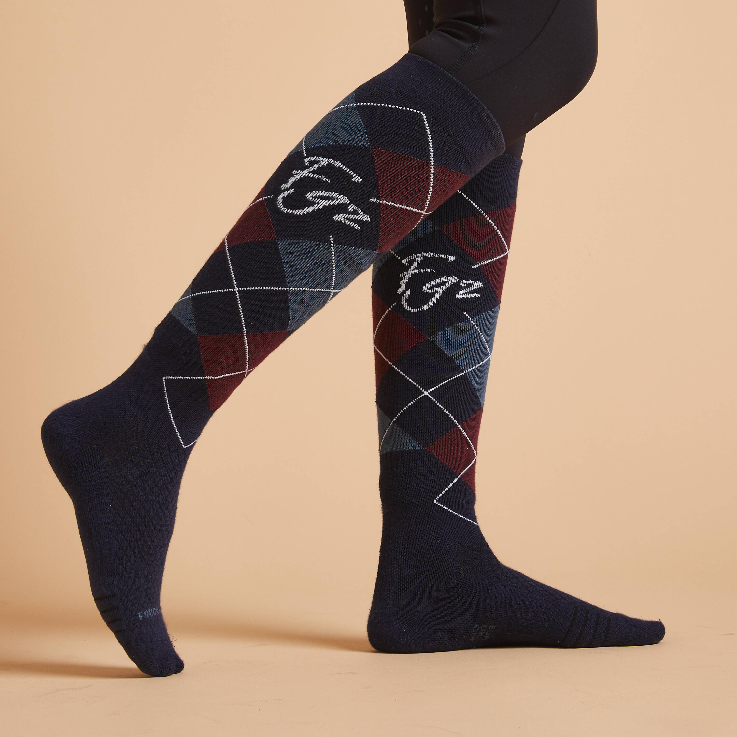 Adult Horse Riding Socks 500 Twin-Pack - Burgundy / Black Diamonds -  5