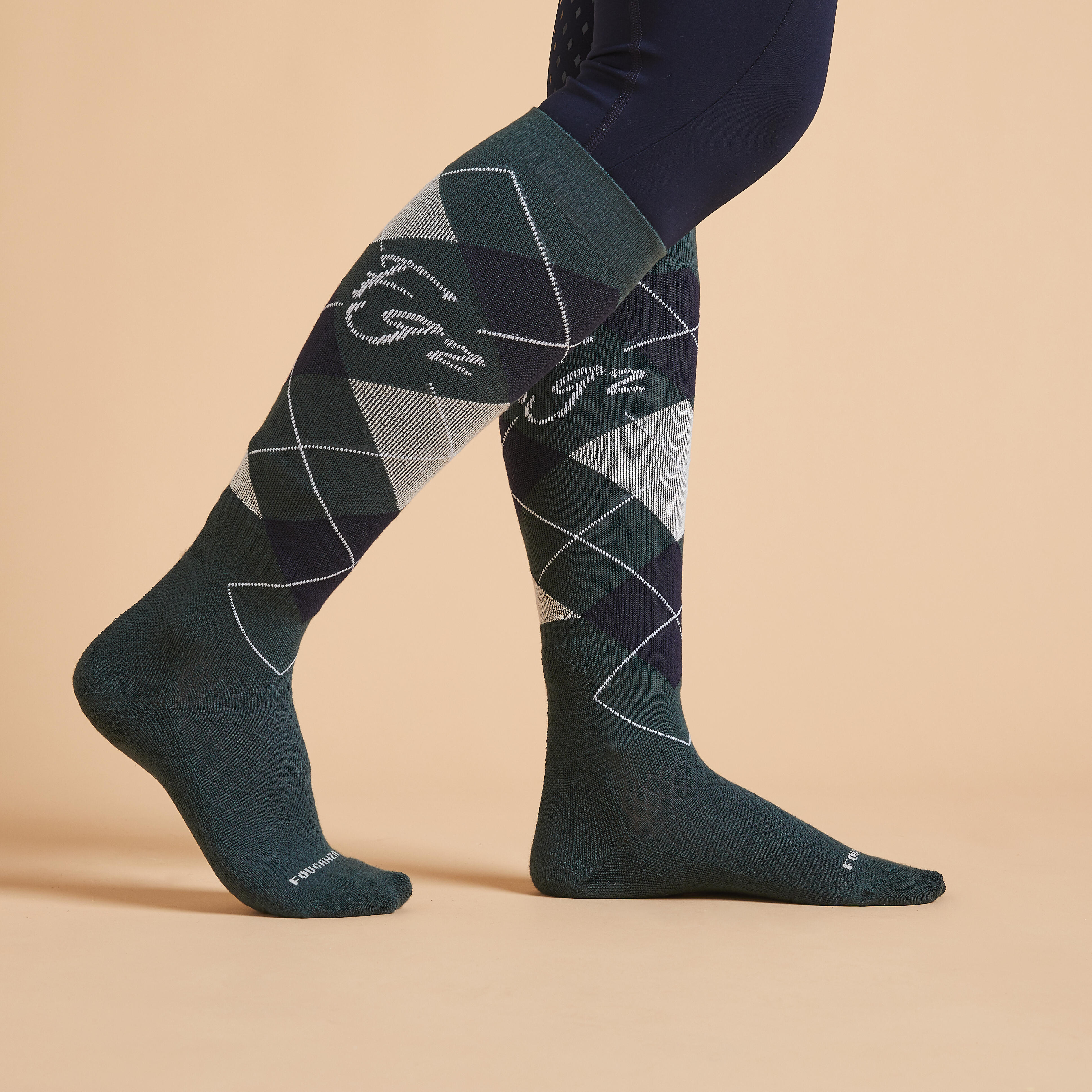 Horse Riding Socks - SKS 500 Graph Blue/Black/GreenPack of 2 - FOUGANZA