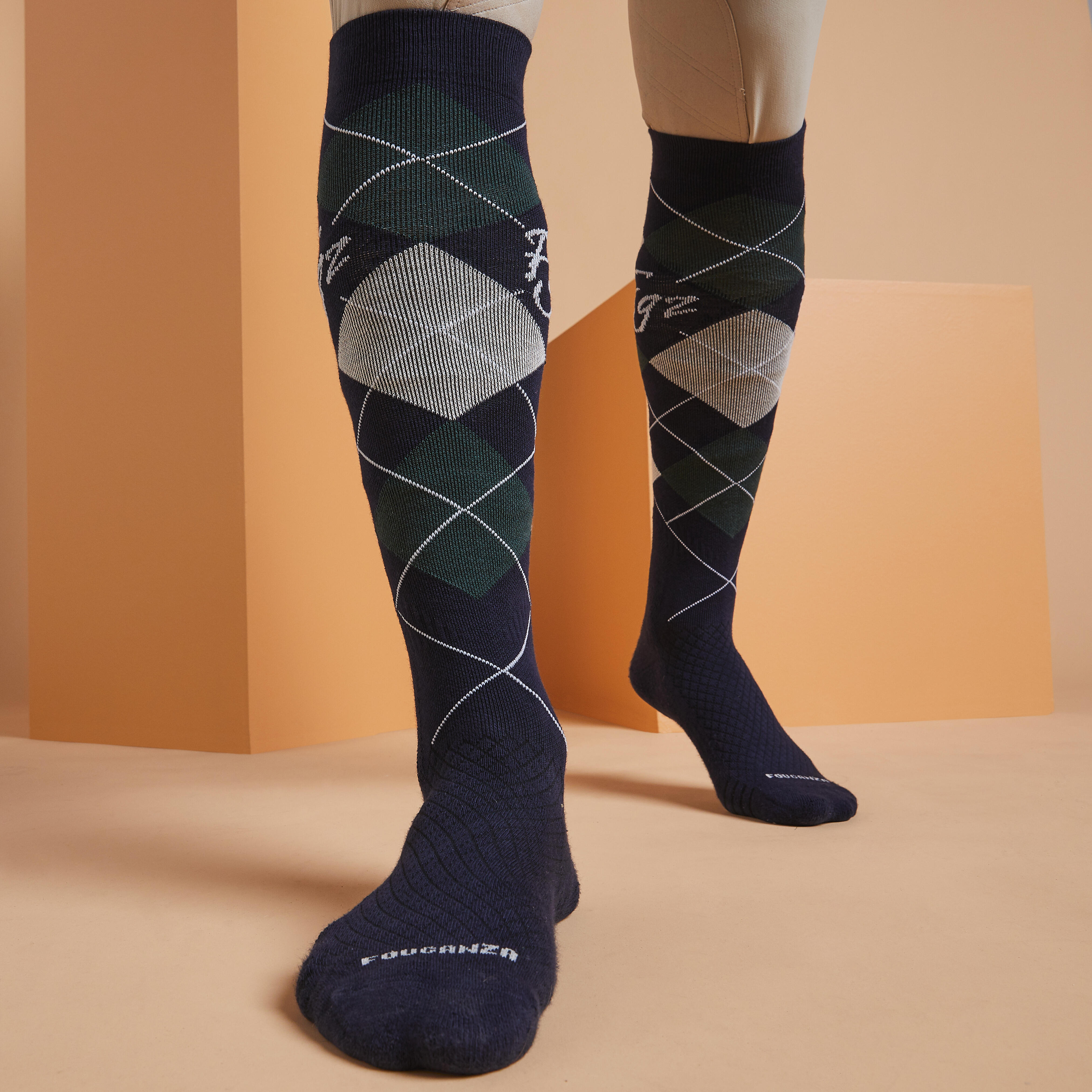 Horse Riding Socks - SKS 500 Graph Blue/Black/GreenPack of 2 - FOUGANZA