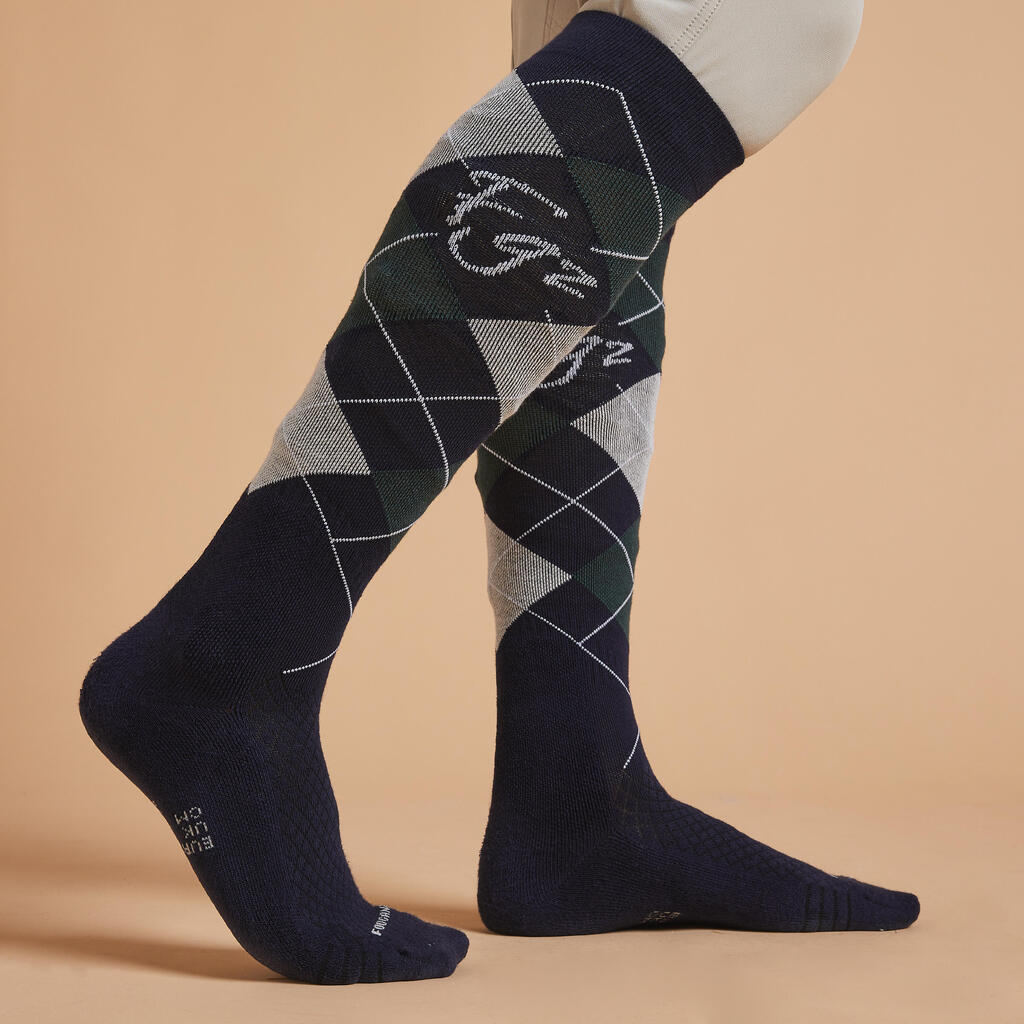 Reitsocken 500 Damen/Herren Grafik-Print lila/marineblau 2er-Set