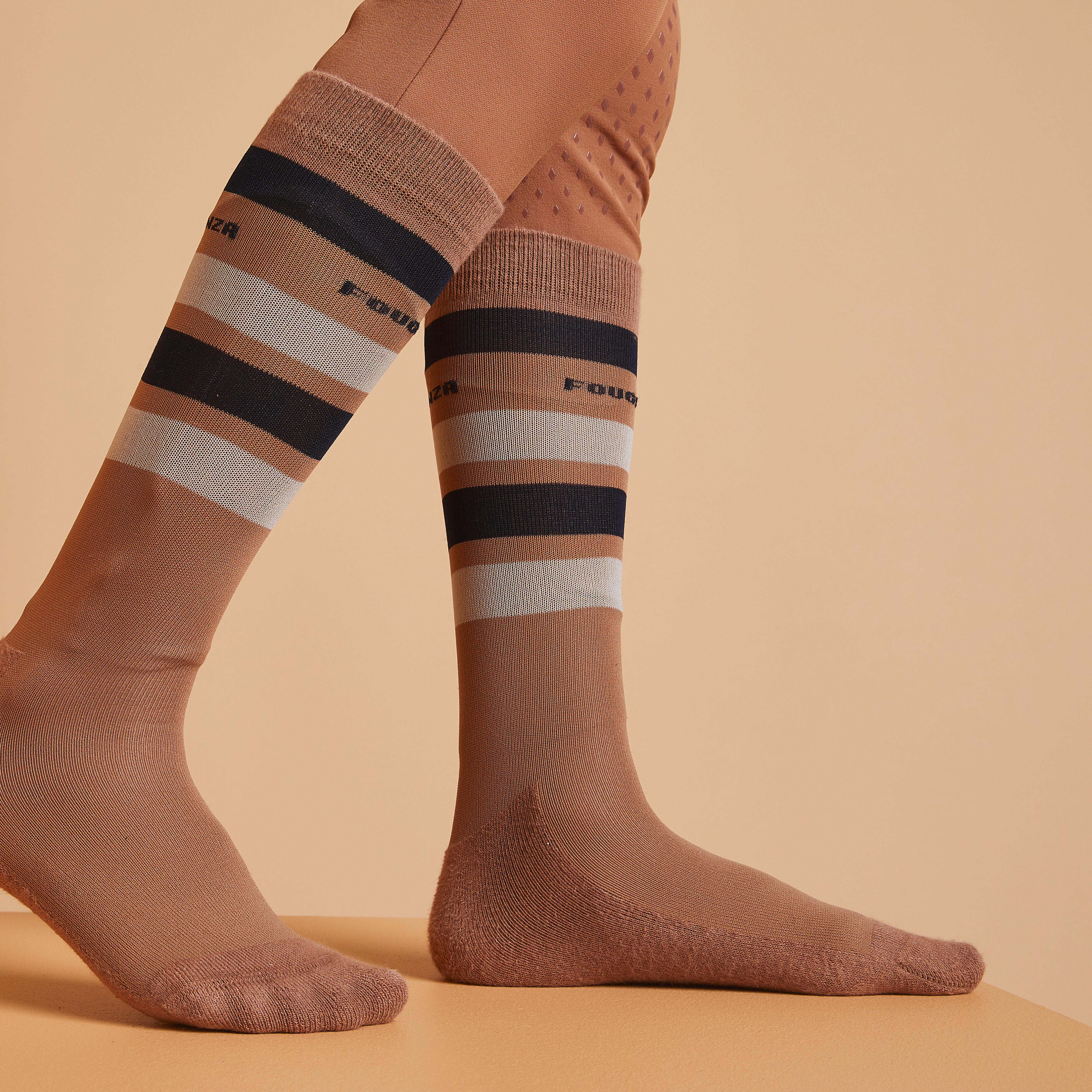 Chaussettes equitation enfant SKS100 marine et bleu nuit rayures blanches. FOUGANZA Decathlon
