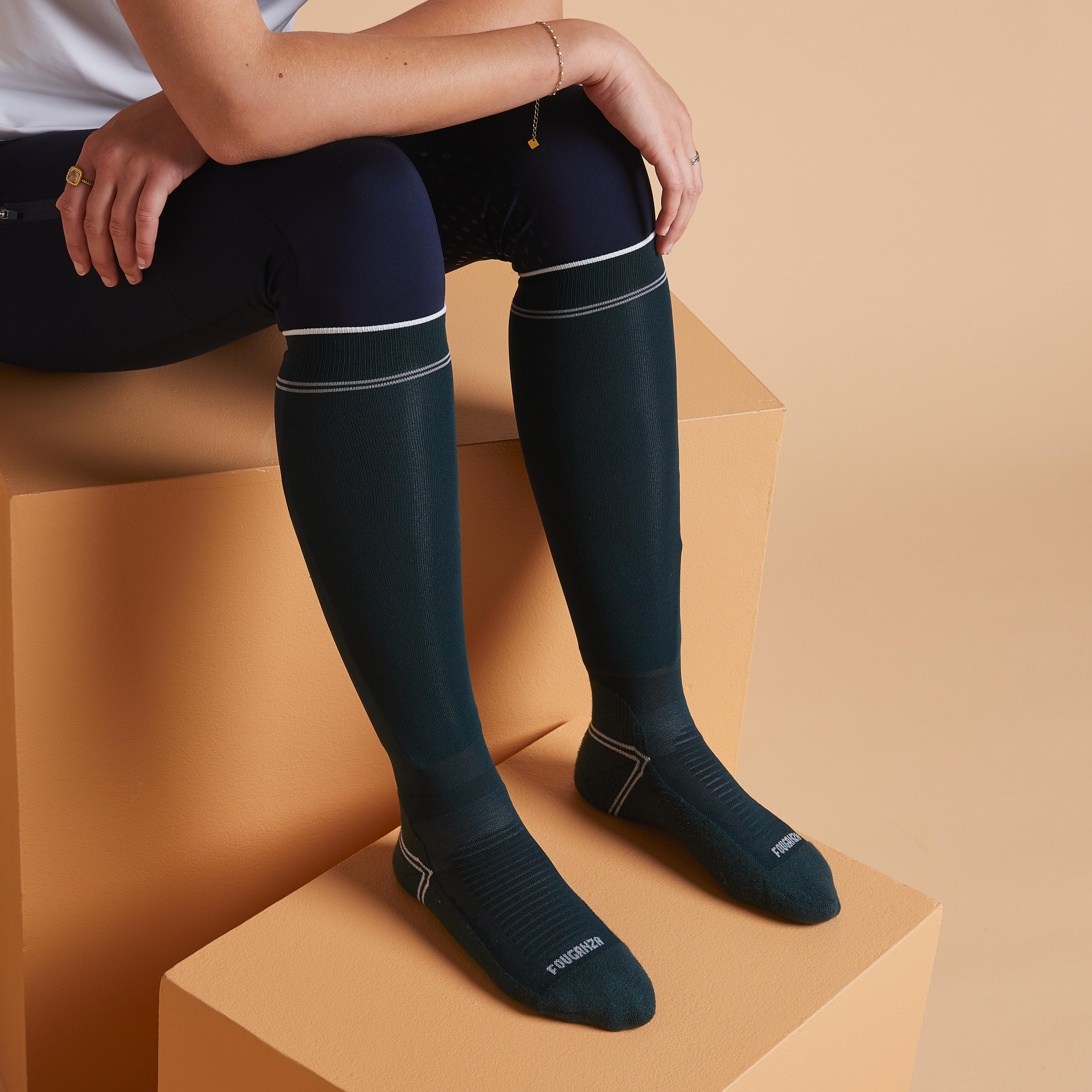 Horse Riding Ultra Thin Socks Twin-Pack - Green/Black - FOUGANZA