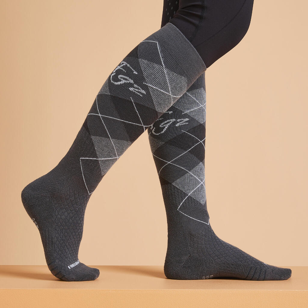 Adult Horse Riding Socks 500 - Grey/Black GraphPack of 2