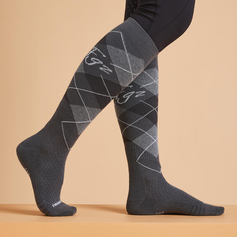 Chaussettes d'équitation 500 adulte motifs Graph Gris /noir. Lot de 2