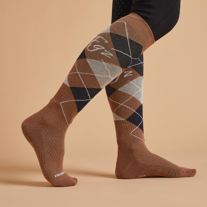 Chaussettes d'équitation 500 adulte motifs Graph Bleu noir /Marron. Lot de 2