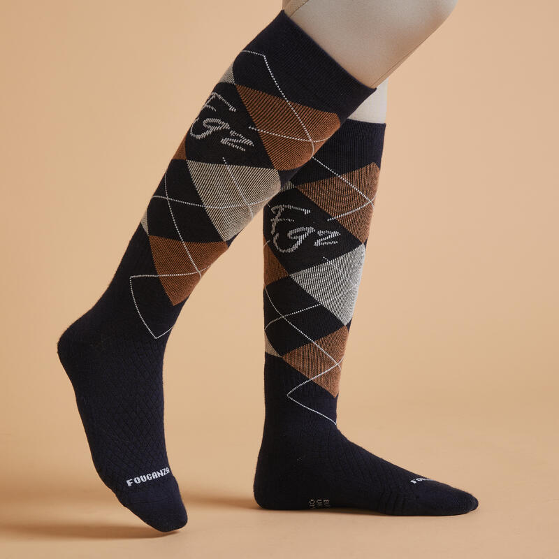 Chaussettes d'équitation 500 adulte motifs Graph Bleu noir /Marron. Lot de 2