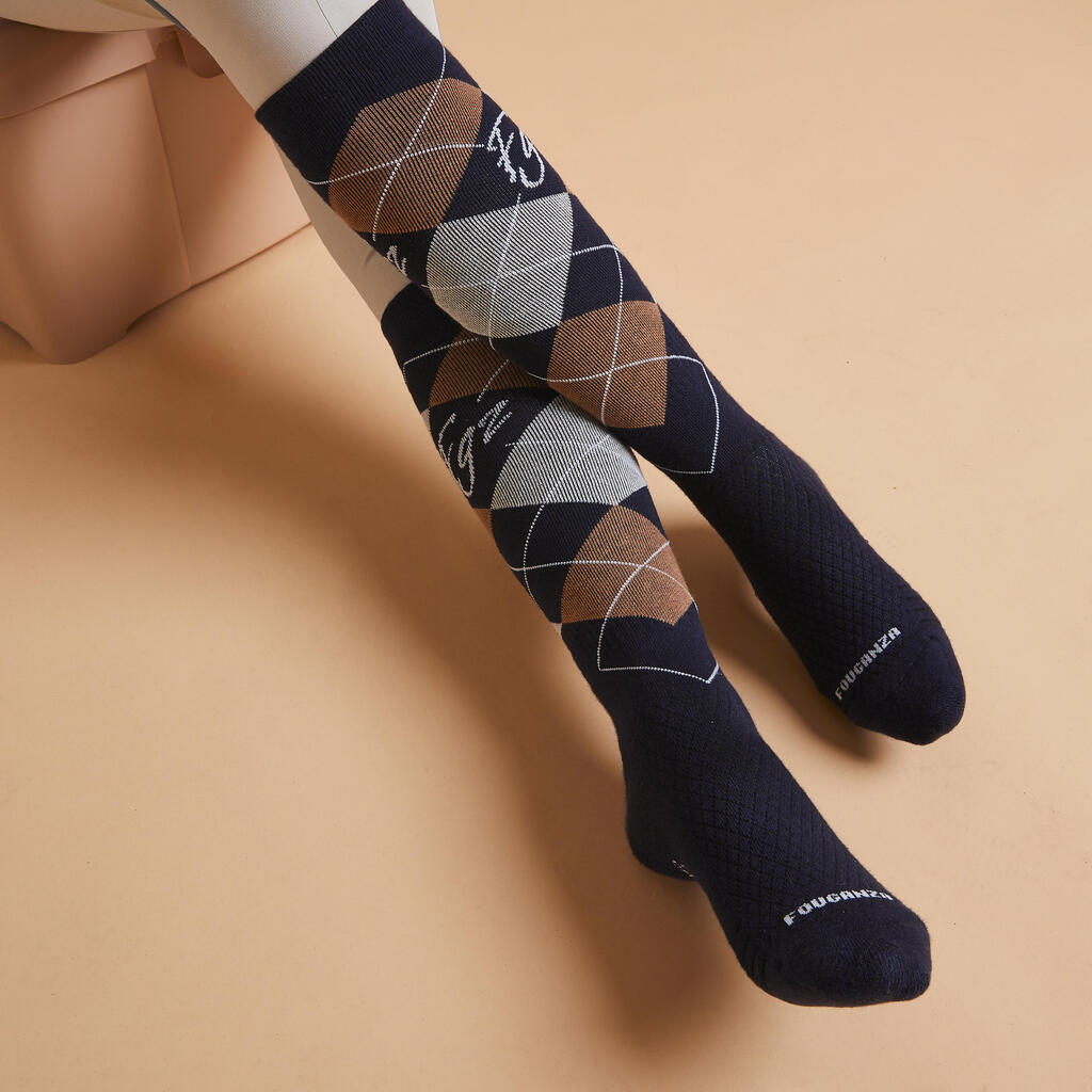 Reitsocken 500 Damen/Herren Grafik-Print lila/marineblau 2er-Set