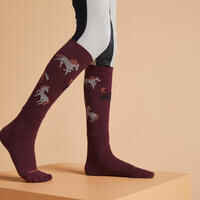 Kids' Horse Riding Socks SKS 500 Twin-Pack - Linen/Burgundy Patterns