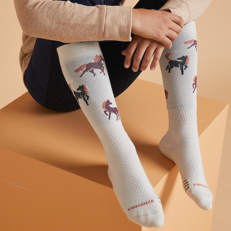 Chaussettes d'équitation enfant SKS 500 motifs Bourgogne Lin. Lot de 2