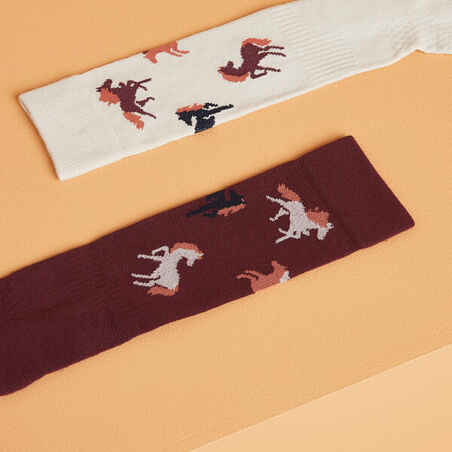 Kids' Horse Riding Socks SKS 500 Twin-Pack - Linen/Burgundy Patterns