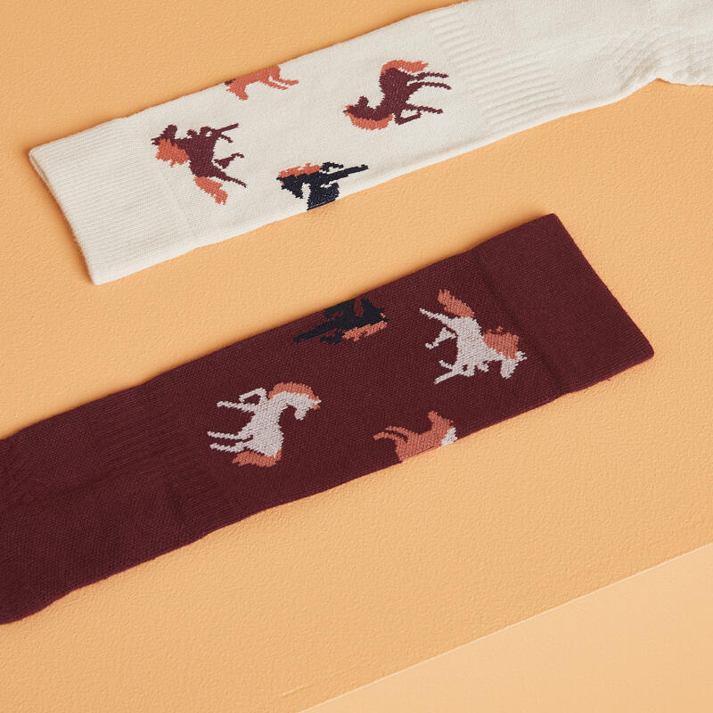 Chaussettes d'équitation enfant SKS 500 motifs Bourgogne Lin. Lot de 2