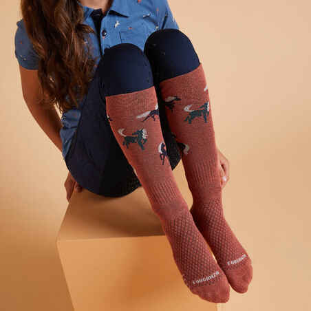 Kids' Horse Riding Socks SKS 500 - Sepia/Green Patterns