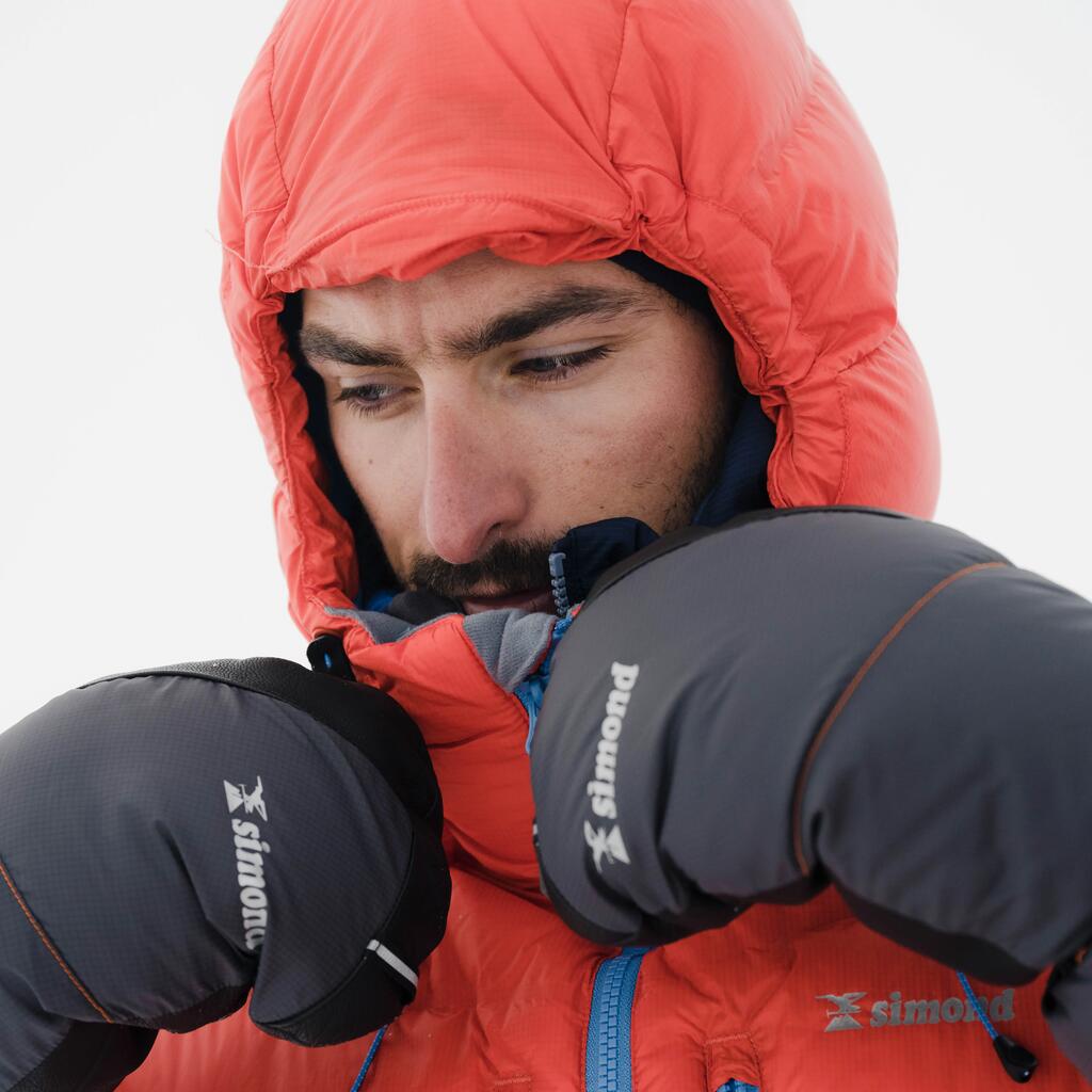 Protective mountaineering down mitts, charcoal