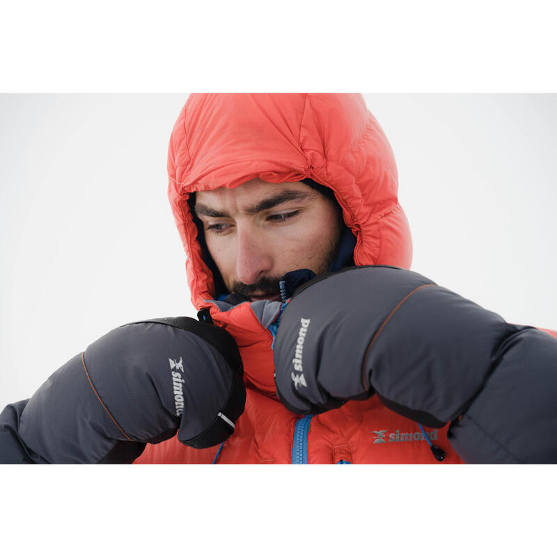Protective mountaineering down mitts, charcoal