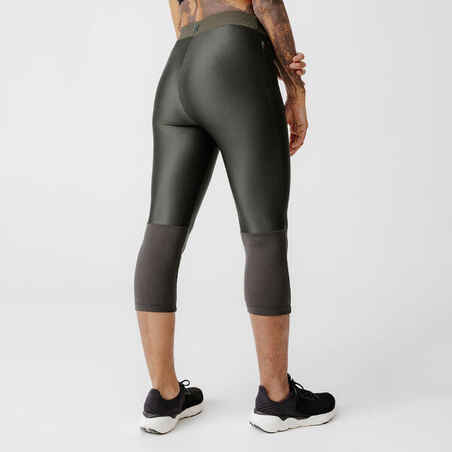 Women's Running Breathable Cropped Leggings KIPRUN Run 500 Dry-dark khaki