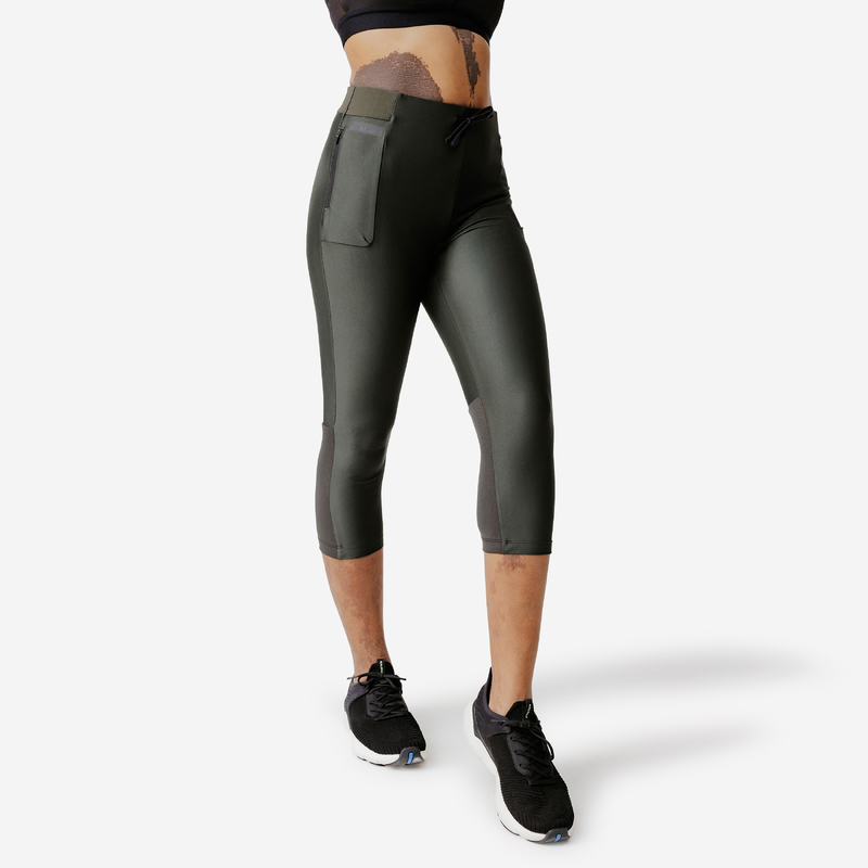 Legging court running respirant Femme KIPRUN Run 500 Dry kaki fonce pour les clubs et collectivites Decathlon Pro