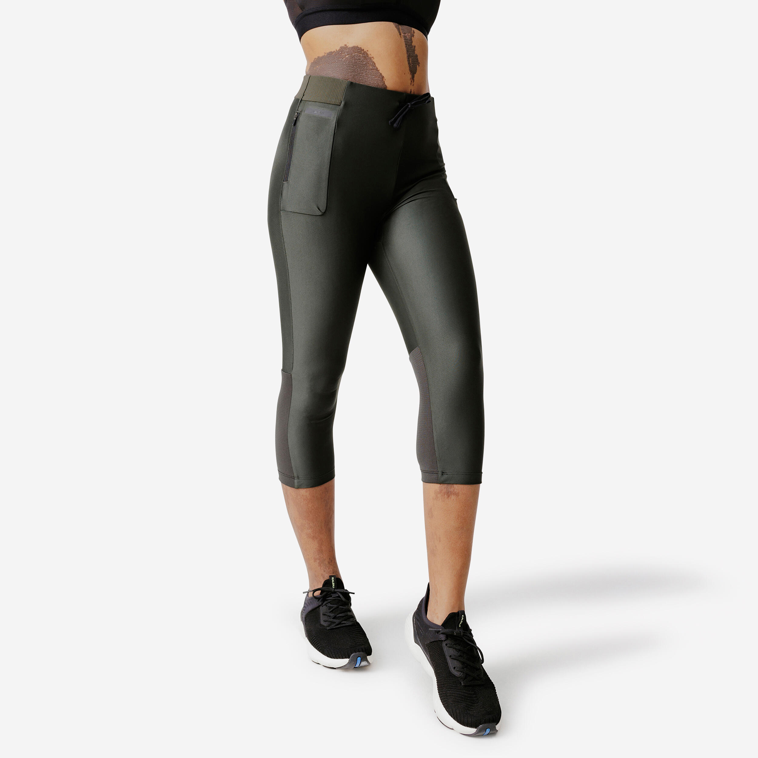 Women's Running Breathable Cropped Leggings KIPRUN Run 500 Dry-dark khaki 1/6