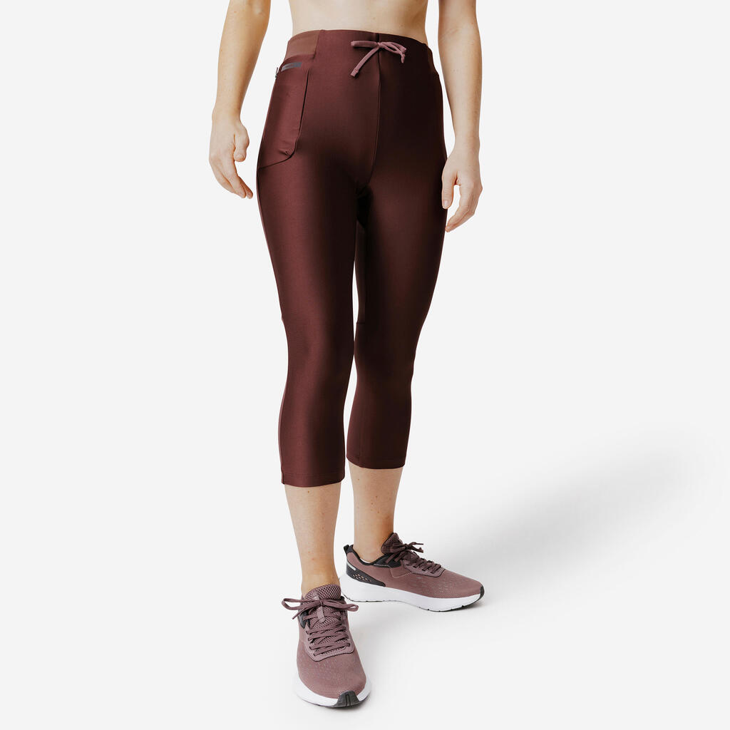 Women's Running Breathable Cropped Leggings KIPRUN Run 500 Dry-dark khaki