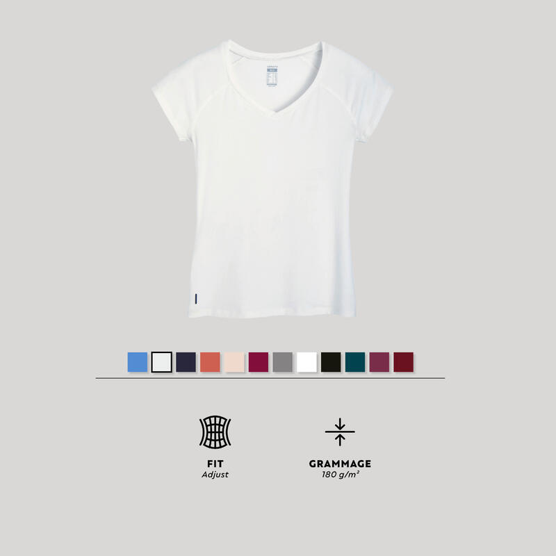 T-shirt Slim de Fitness com Decote em V Mulher 500 Branco Glaciar