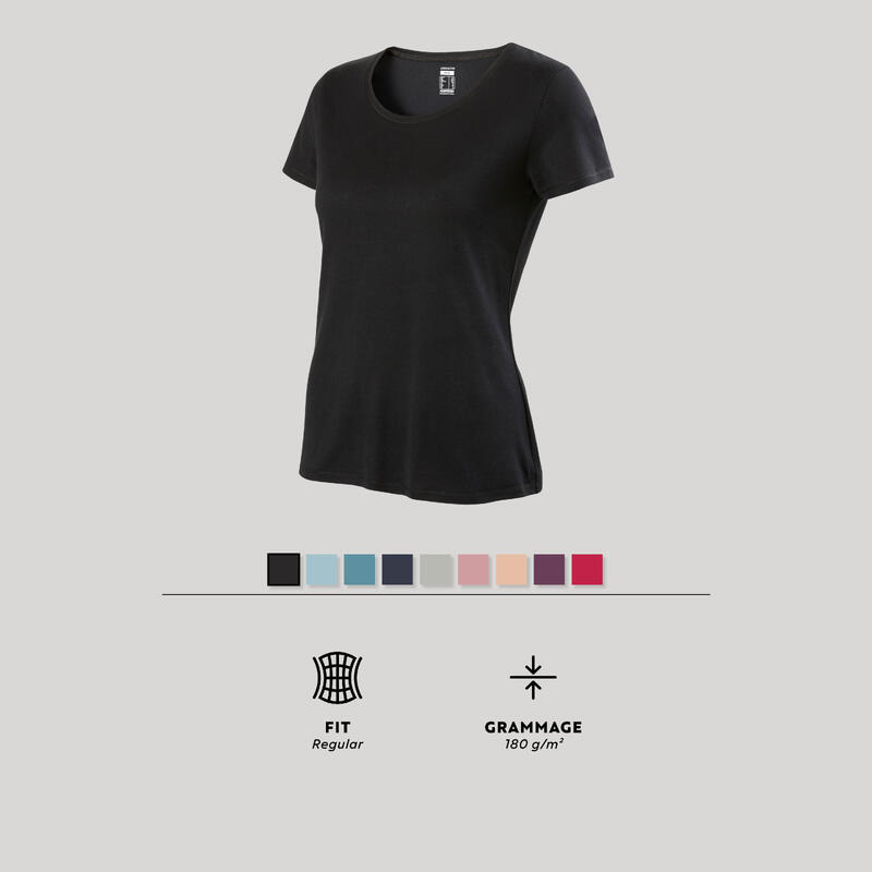T-shirt fitness manches courtes droit coton extensible col rond femme noir