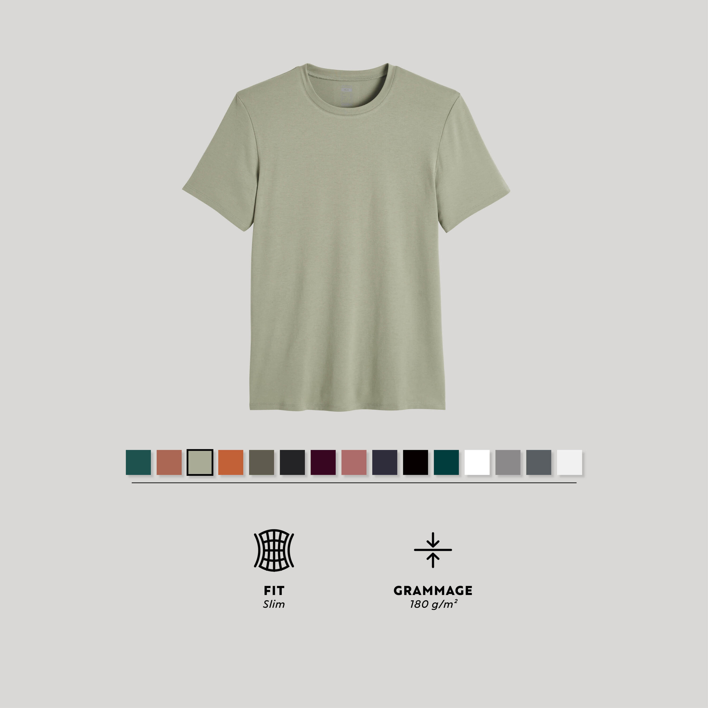 DOMYOS Men's Slim-Fit Fitness T-Shirt 500 - Sage Grey