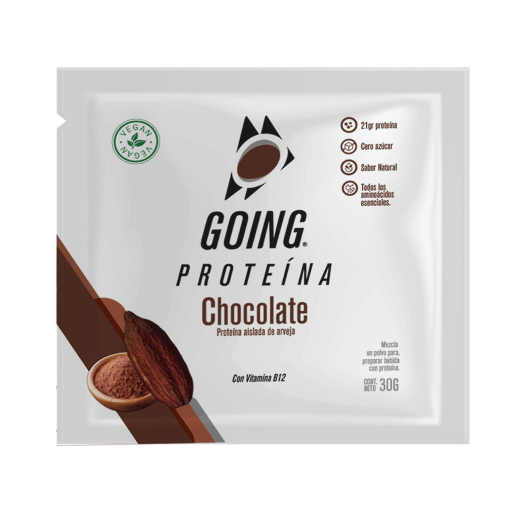 Sobre de proteína de 30gr con 21gr de proteína sabor a chocolate Going