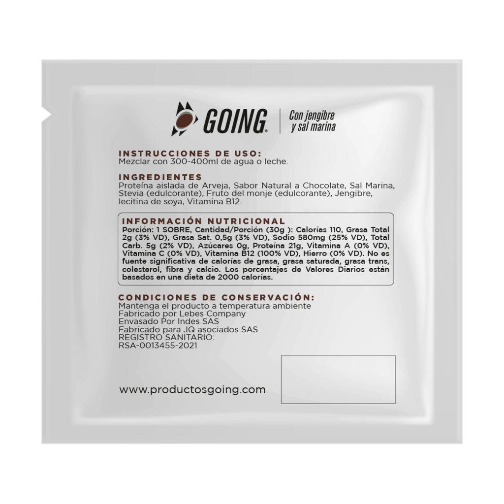 Sobre de proteína de 30gr con 21gr de proteína sabor a chocolate Going