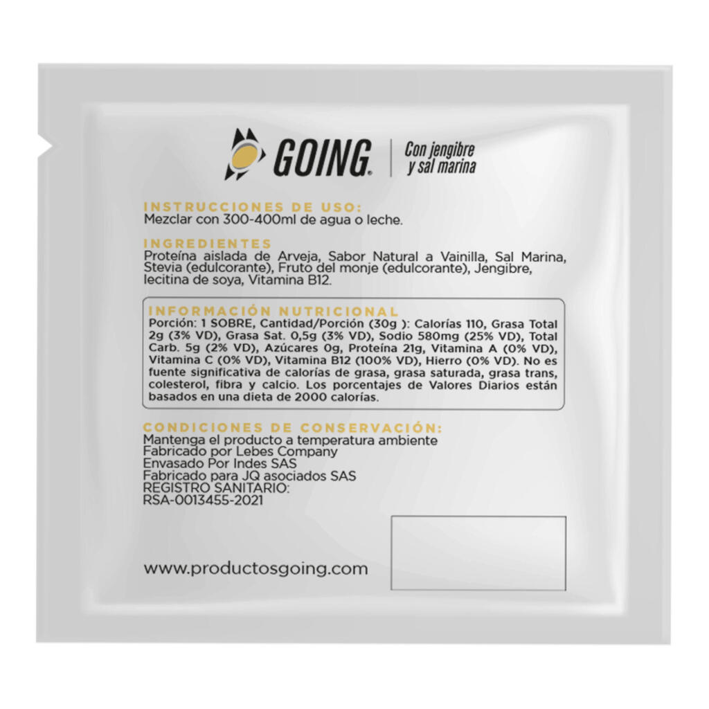 Sobre de proteína de 30gr con 21gr de proteína sabor a vainilla Going