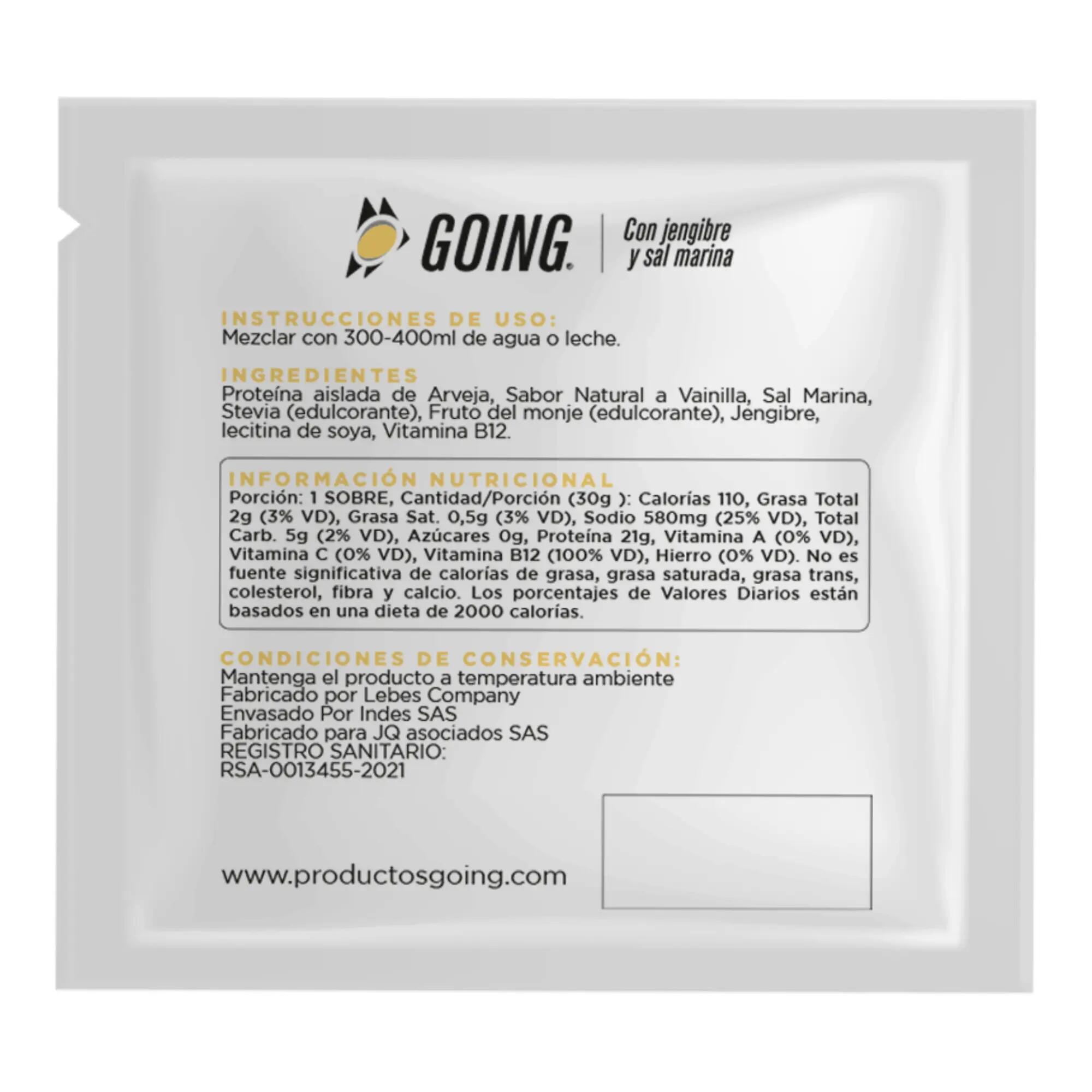Sobre de proteína de 30gr con 21gr de proteína sabor a vainilla Going 2/2
