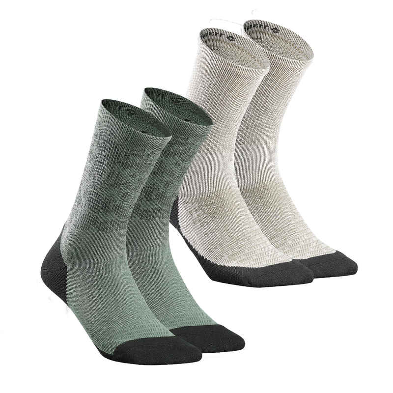 Hike 100 High Socks Trendy Kamo and beige Pack of 2 pairs Decathlon