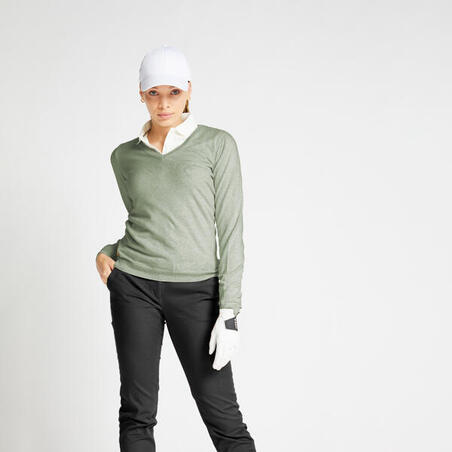 Pull de golf col V femme MW500 vert laurier