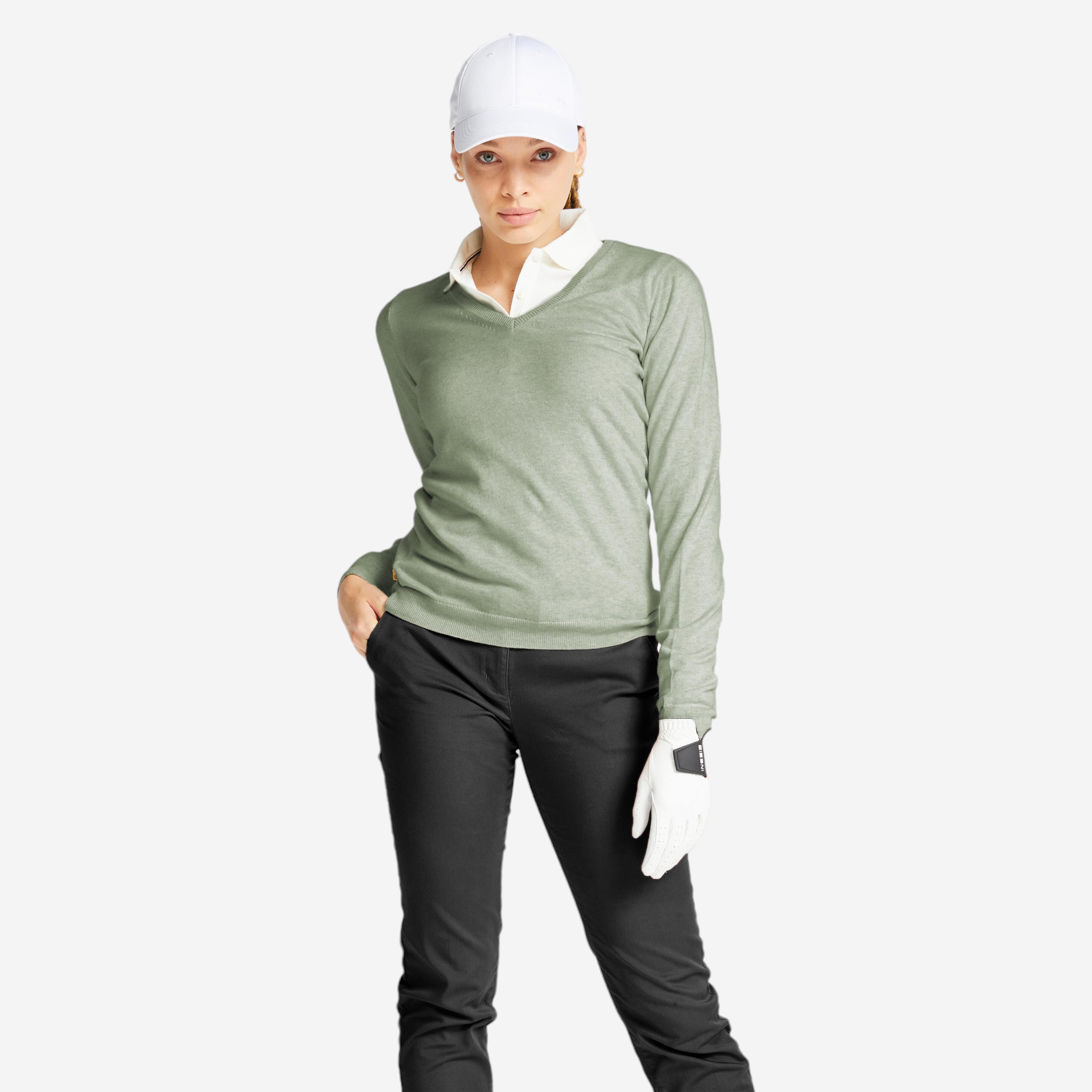 pull de golf col v femme mw500 vert laurier - inesis