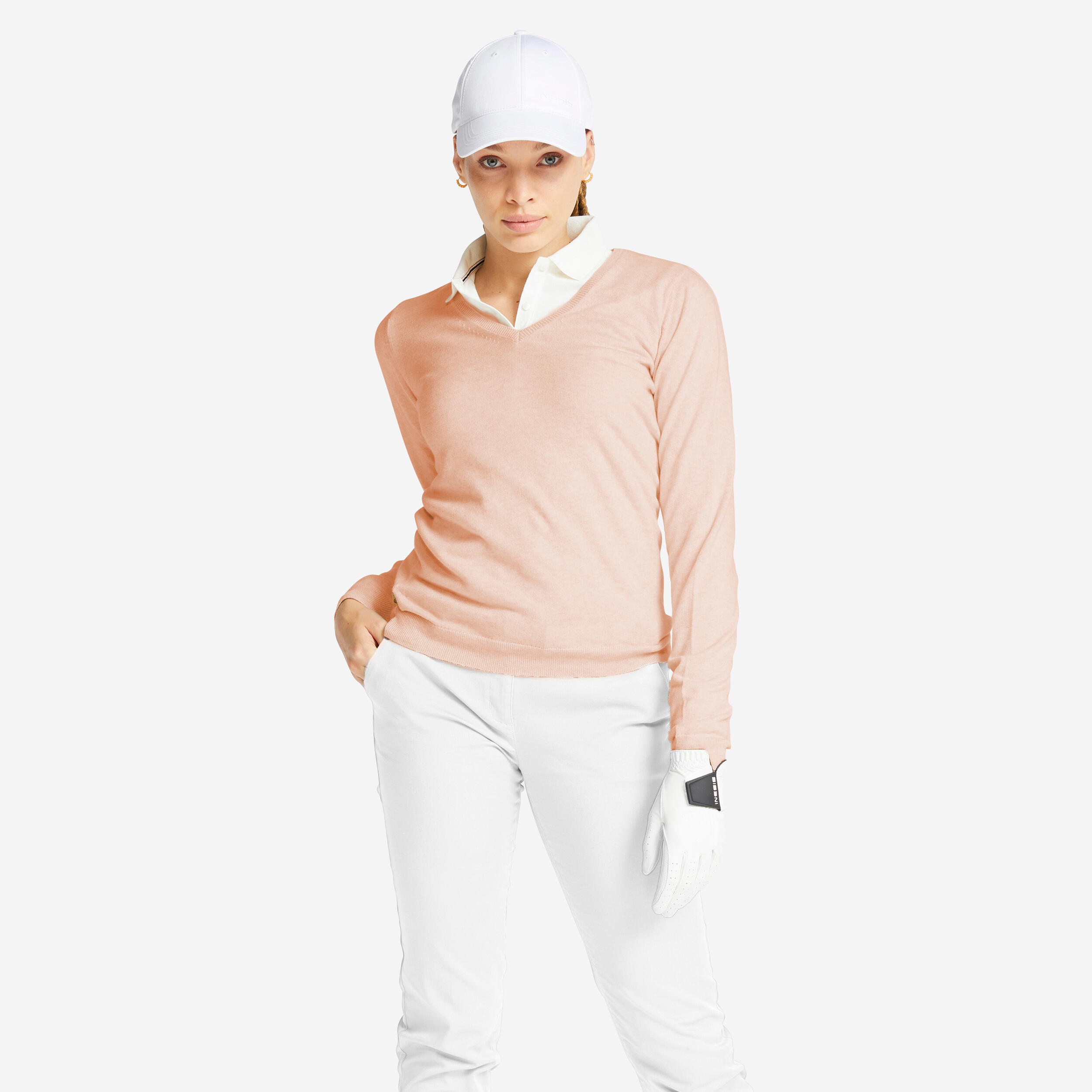 Maglione da golf da donna con scollo a V MW500 rosa chiaro